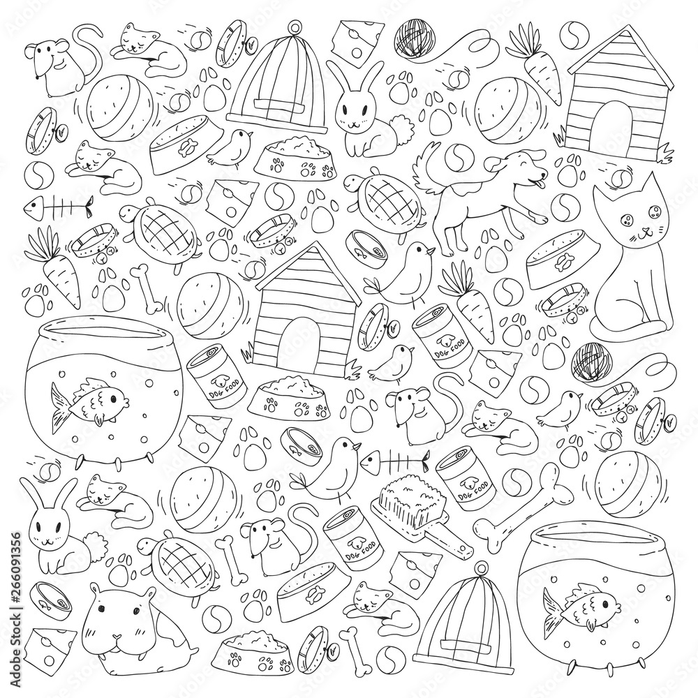 Pet shop. Vector illustration with animals, dog, cat, fish, Colorful background with kitten, bird, puppy. Veterinarian clinic. Pet shop. Vector illustration with animals, dog, cat, fish, Colorful background with kitten, bird, puppy. Veterinarian clinic.
