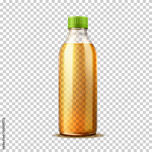 Realistic glass bottle with orange lemonade. Vector fresh soda drink container with lid. Refreshing drink package design. Healthy 3d beverage full of vitamins.