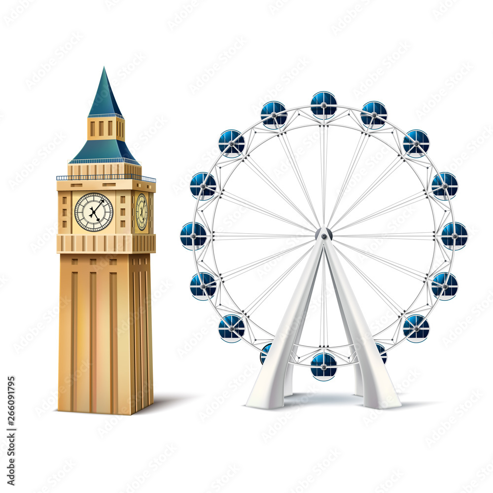 Vector realistic ferris wheel london eye big ben - obrazy, fototapety, plakaty 