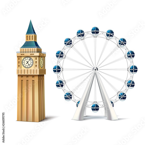 Obraz na plátně Vector realistic ferris wheel london eye big ben