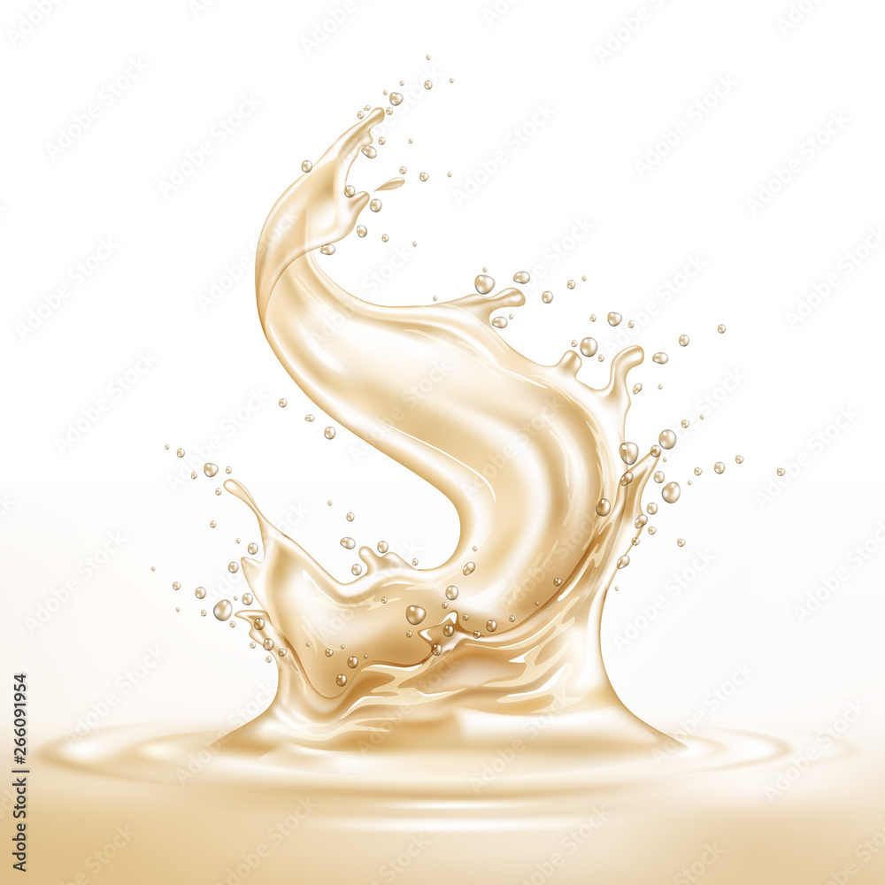 Realistic vanilla splash with drops. Sweet liquid explosion for yogurt