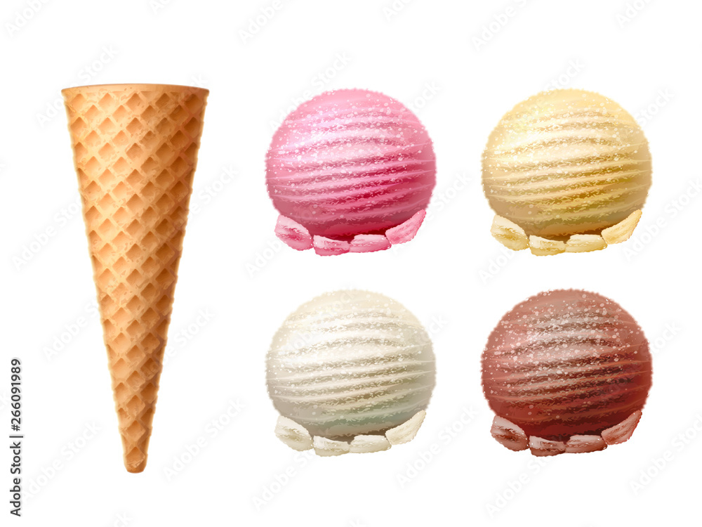 Realistic waffle cone with icecream scoop set. Vector tasty refreshing snack with vanilla, chocolate and strawberry flavour. Summer holiday advertising design. 3d delicious ice cream Realistic waffle cone with icecream scoop set. Vector tasty refreshing snack with vanilla, chocolate and strawberry flavour. Summer holiday advertising design. 3d delicious ice cream