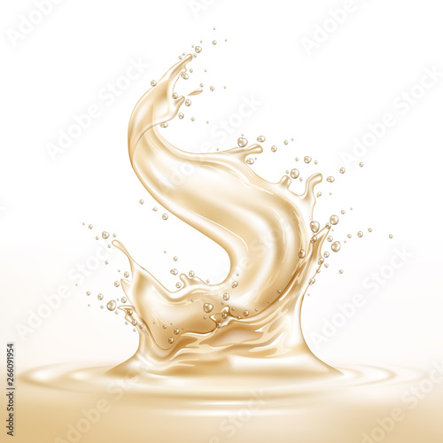 Realistic vanilla splash with drops. Sweet liquid explosion for yogurt, creamy product package design. Vector splashing milk, white liquid in motion. Juicy dessert, fresh summer drink design.