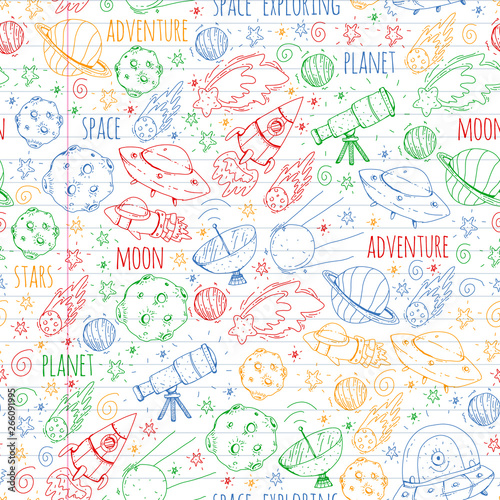 Space vector illustration. Science, technology pattern. Rocket and spaceships.