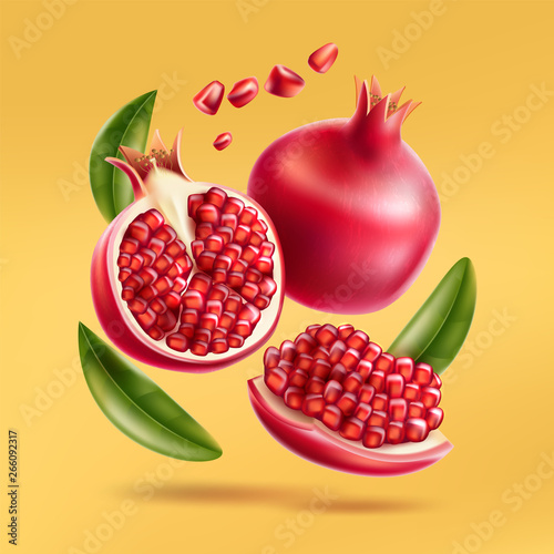 Realistic pomegranate whole, half and seeds with green leaves. Vector juicy ripe fruit for product package, menu design. Sweet tropical food full of vitamins.