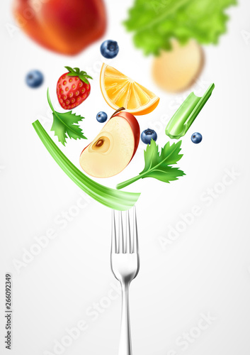Healthy food concept. Realistic sliced vegetables and fruits on silver fork. Vector tomato, champignon, onion broccoli and potato sliced on tableware. Restaurant, cafe menu design.