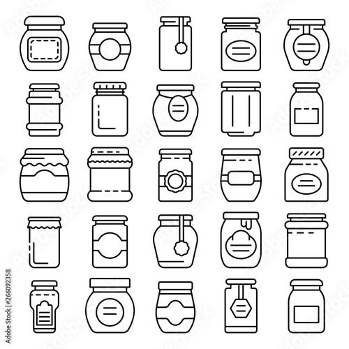 Jam jar icons set. Outline set of jam jar vector icons for web design isolated on white background