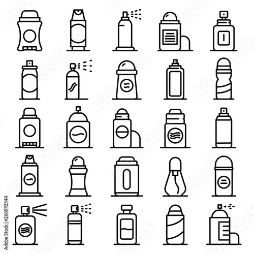 Deodorant icons set. Outline set of deodorant vector icons for web design isolated on white background