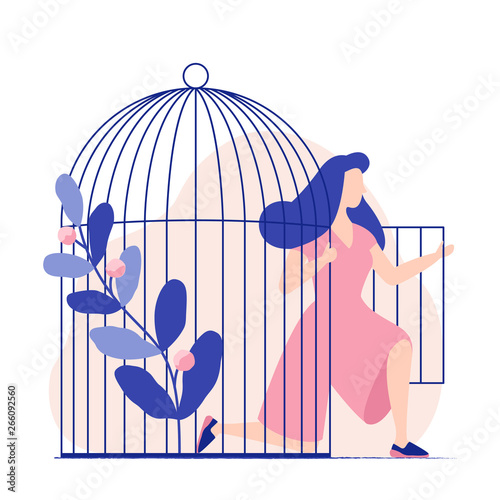 Young woman comes out of the birdcage. Woman becomes free. Freedom. Flat colorful vector illustration.