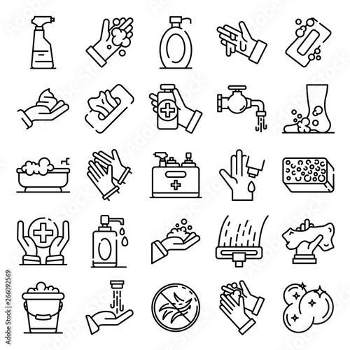 Sanitation icons set. Outline set of sanitation vector icons for web design isolated on white background photo