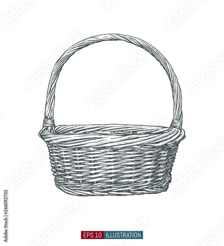 Hand drawn wicker basket. Engraved style vector illustration. Template for your design works.