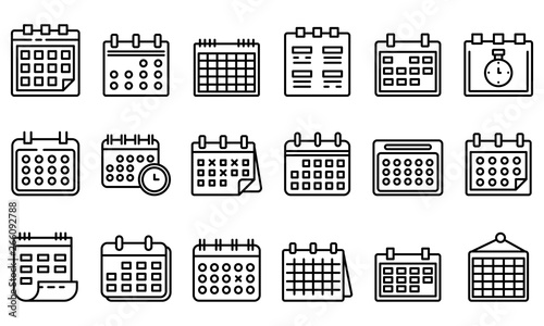 Calendar icons set. Outline set of calendar vector icons for web design isolated on white background