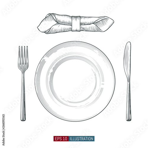 Hand drawn plate, fork, knifes and napkin. Engraved style vector illustration. Elements for your design works.