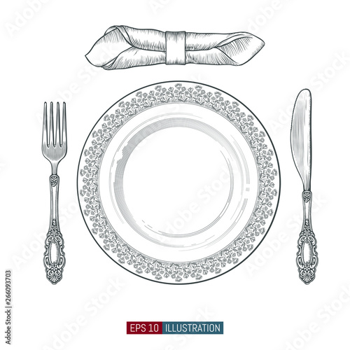 Hand drawn plate, fork, knifes and napkin. Engraved style vector illustration. Elements for your design works.