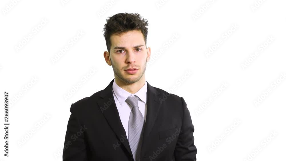 Businessman accusing you to be late isolated on white