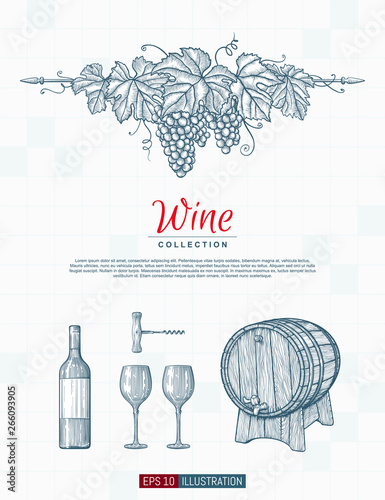 Hand drawn wine background. Engraved style vector illustration. Template for your design works.