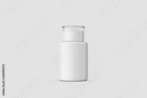 Glass bottle with nail remover. Isolated object on soft gray background. Nail polish.3D rendering
