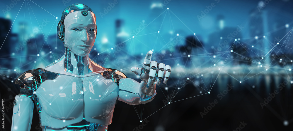 White robot using floating digital network connections with dots and lines 3D rendering