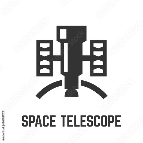 Space telescope glyph icon with science technology astronomy optical device symbol.