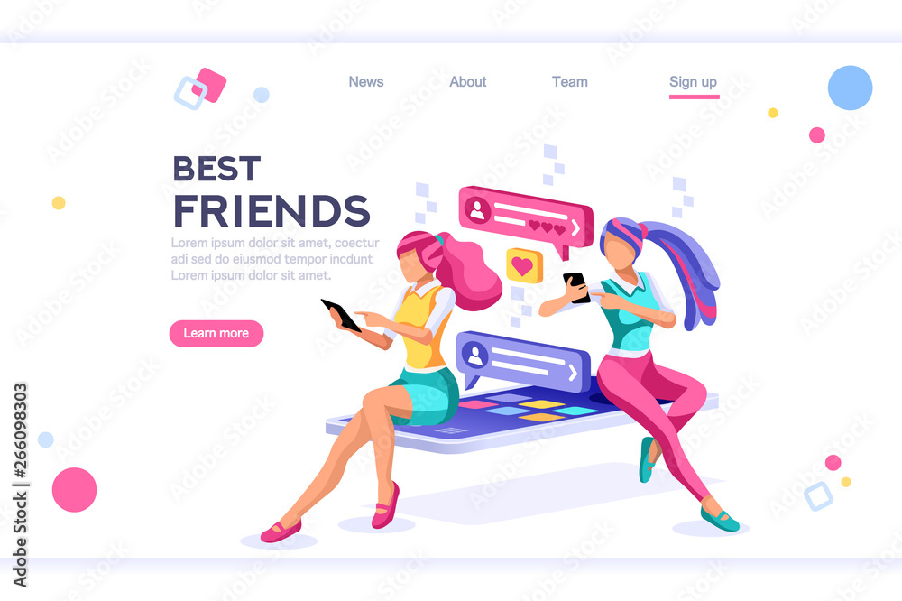 Online dating, social teenagers. Concept of network top application header. Cartoon banner between white background, between empty space. 3d images isometric vector illustrations. Interacting people