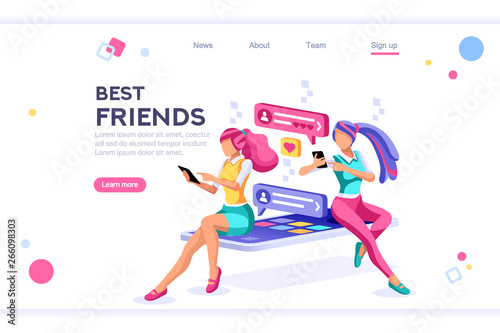 Online dating, social teenagers. Concept of network top application header. Cartoon banner between white background, between empty space. 3d images isometric vector illustrations. Interacting people