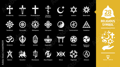 Religious symbol glyph icon set on a black background with christian cross, islam crescent and star, judaism star of david, buddhism wheel of dharma religion silhouette sign. photo