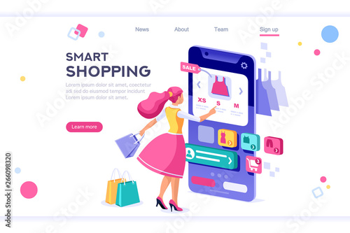 E-commerce buyer. Internet items. Banner between white background, between empty space. 3d images isometric vector illustrations. Interacting people