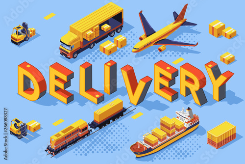 Export road air concept. Railroad freight, transport technologies for transportation. Cargo business shipment for web banner, flat isometric vector illustration isolated on white background