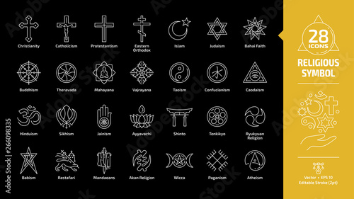 Religious symbol editable stroke outline icon set on a black bacjground with christian cross, islam crescent and star, judaism star of david, buddhism wheel of dharma religion line sign.
