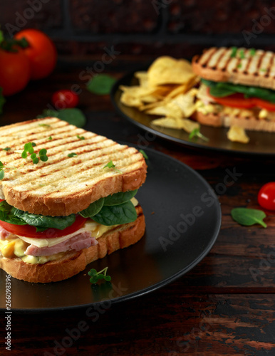 Sandwich with ham  cheese  tomatoes  spinach  corn  mayonnaise  mustard  gherkins  toasted bread and potato chips.