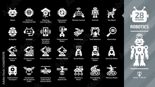 Robotics industry glyph icon set on a black background with autonomous transport, unmanned aerial vehicle UAV, spacecraft, underwater AUV, planetary rover, fire fighting and military robots.