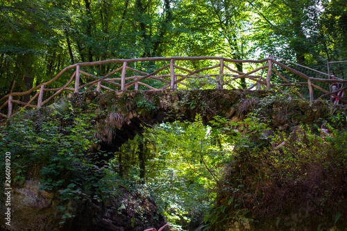 Wooden bridge of Schiessent  mpel or Sch  issend  mpel Waterfall in Mullerthal  Luxembourg