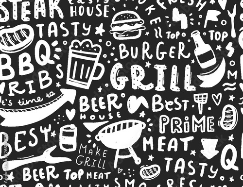 Modern lettering bbq seamless pattern. Barbeque food illustration for menu design
