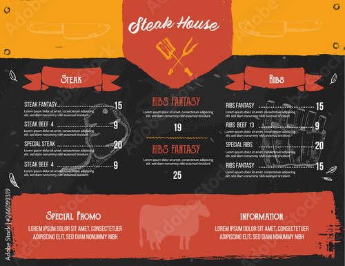 Steak menu design. BBQ grill poster with sketch icons. Barbecue cafe design on chalkboard