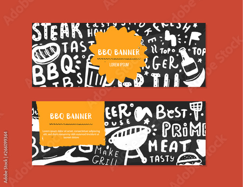 Modern bbq banner set with lettering and space for text. Grill barbecue food design