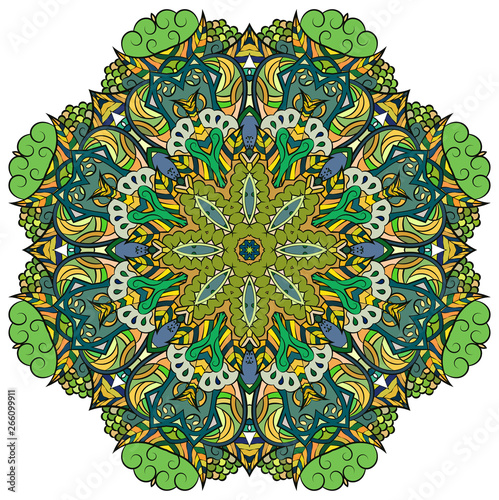 Mandala, tracery wheel mehndi design. Ethnic ornament, colorful doodle symmetry texture. Folk traditional spiritual tribal design.  Curved shape, isolated on white. Color art. Vector