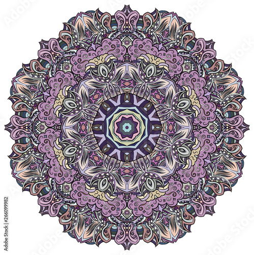 Mandala, tracery wheel mehndi design. Ethnic ornament, colorful doodle symmetry texture. Folk traditional spiritual tribal design. Curved shape, isolated on white. Color art. Vector