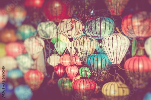 Colorful lanterns spread light on the old street of Hoi An Ancient Town. Selective focus.