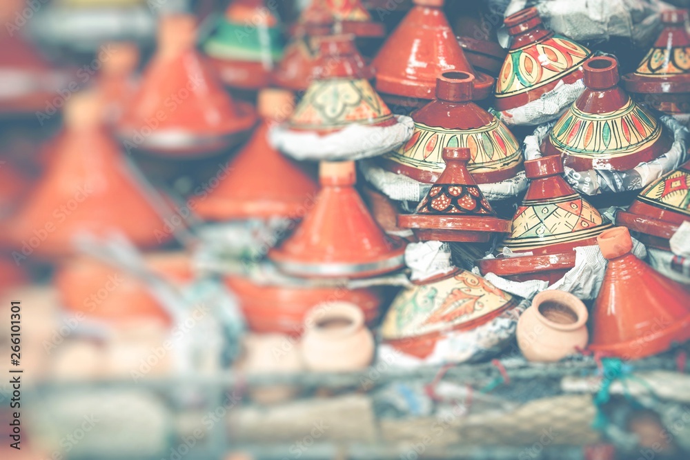 Naklejka premium Selection of very colorful Moroccan tajines. Selective Focus.