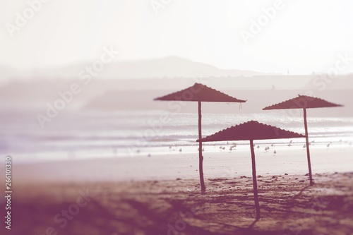 Beach umbrellas on the the beautiful beach in Morocco. Selective focus.