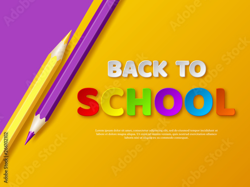Back to school typography design with realistic colorful pencil. Paper cut style letters on yellow background. Vector illustration.