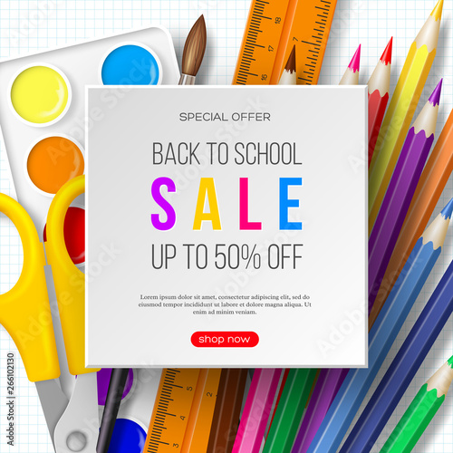 Back to school sale banner with realistic school supplies. White background. Vector illustration.