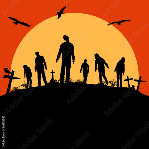 Silhouette of zombies walking at graveyard, Vector Illustration