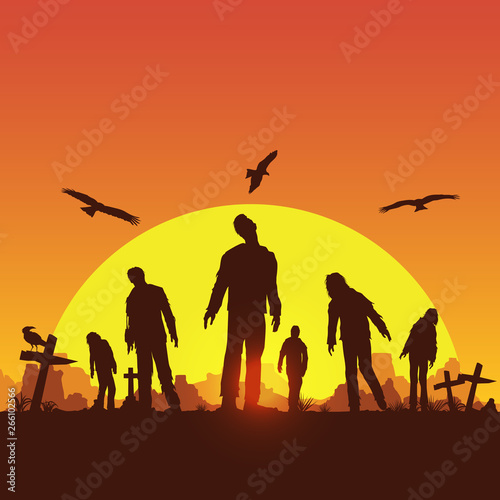 Silhouette of zombies walking at graveyard  Vector Illustration