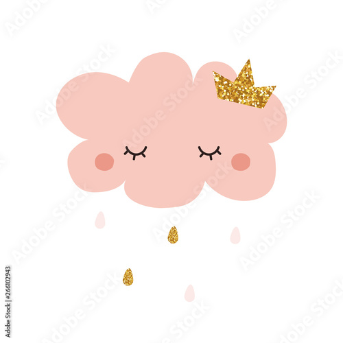 Cute pink cloud princess with gold glitter crown. Cute fashion kids graphic. Vector hand drawn illustration.