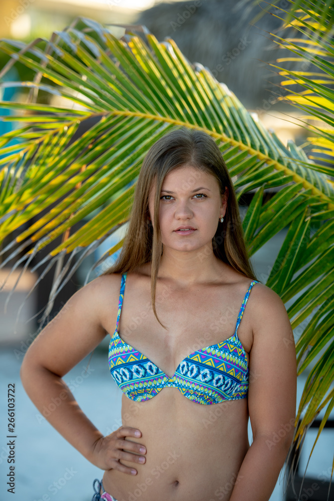 pretty young woman under the palm tree pretty young woman under the palm tree