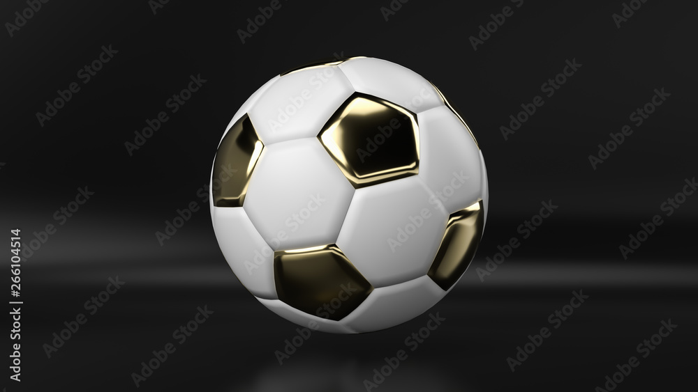 golden soccer ball on black background, 3d render.