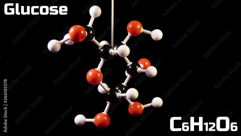 Glucose C6H12O6 molecule rotating on black background