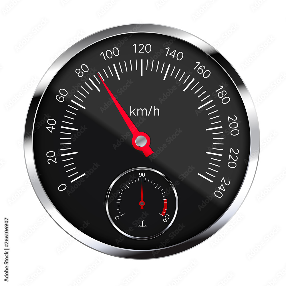 Realistic illustration of black metal speedometer with reflections, red hand and white and numbers. Coolant Temperature Meter. Isolated on white, vector Realistic illustration of black metal speedometer with reflections, red hand and white and numbers. Coolant Temperature Meter. Isolated on white, vector