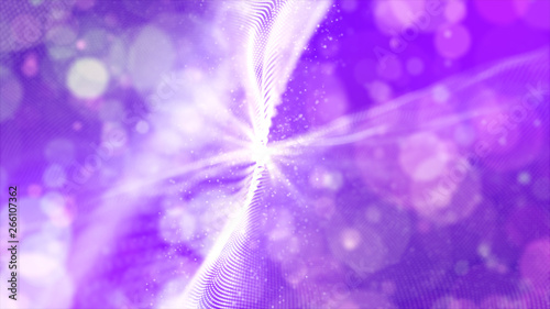 Abstract purple color digital particles wave with bokeh background